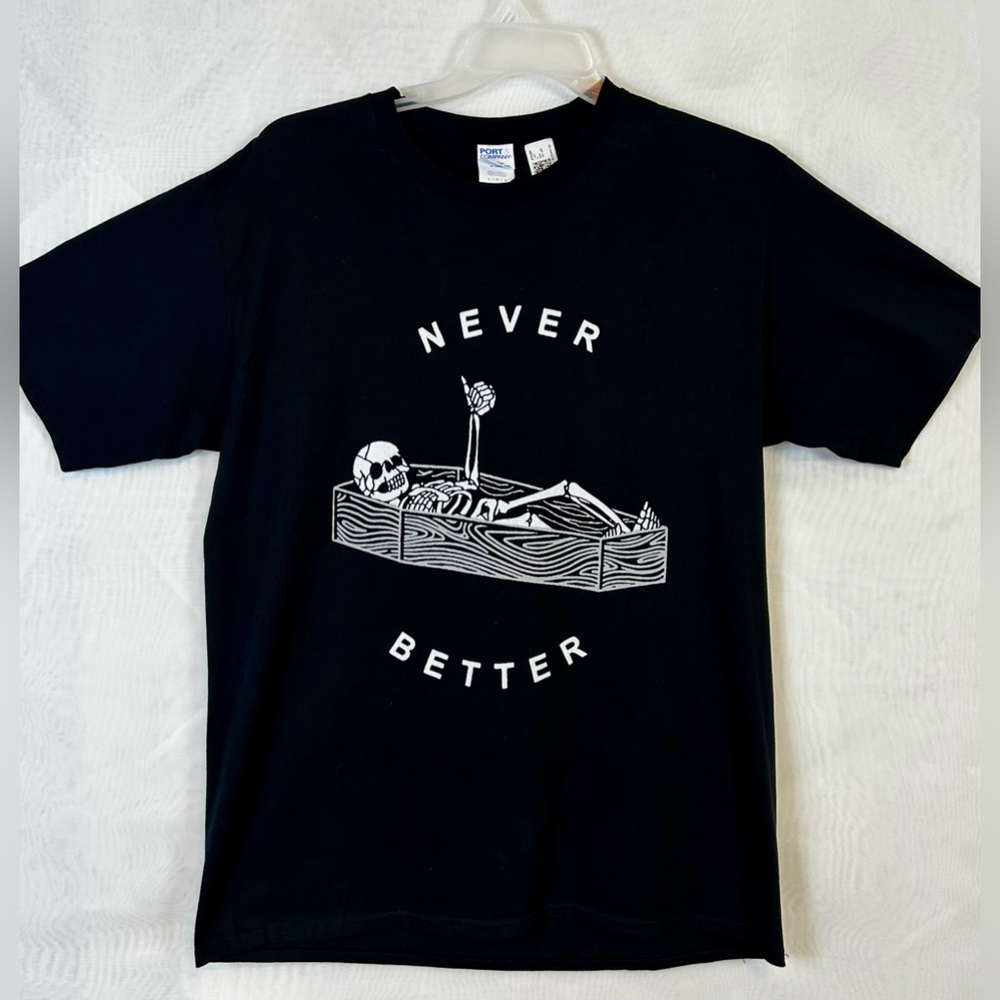 New Mens Black Never Better Skeleton in a Coffin T-Shirt